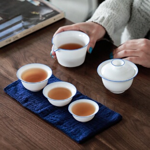 便携包式 盖碗快客杯一壶三杯汉白瓷旅行茶具套装 户外旅游功夫LOGO