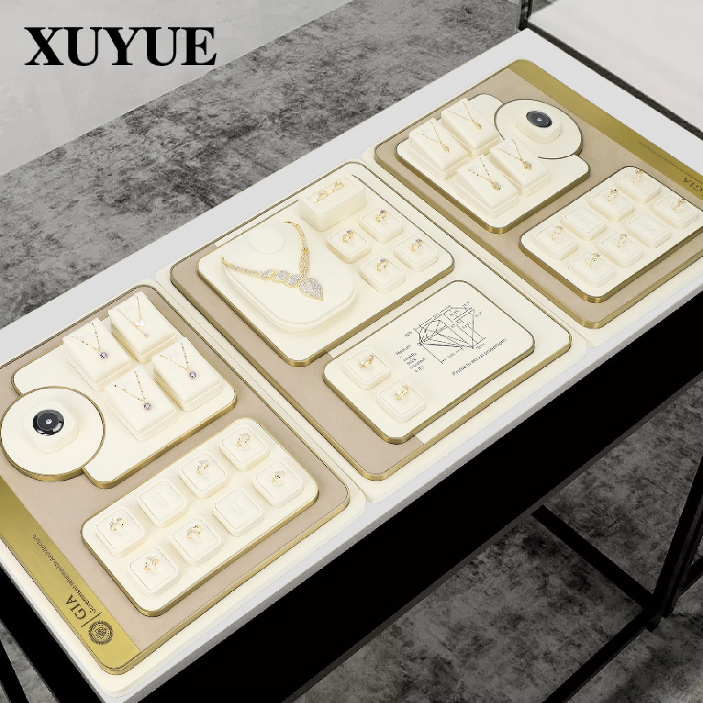 旭跃米白色饰品展示超纤高级感钻石裸钻展示柜台陈列珠宝展示道具
