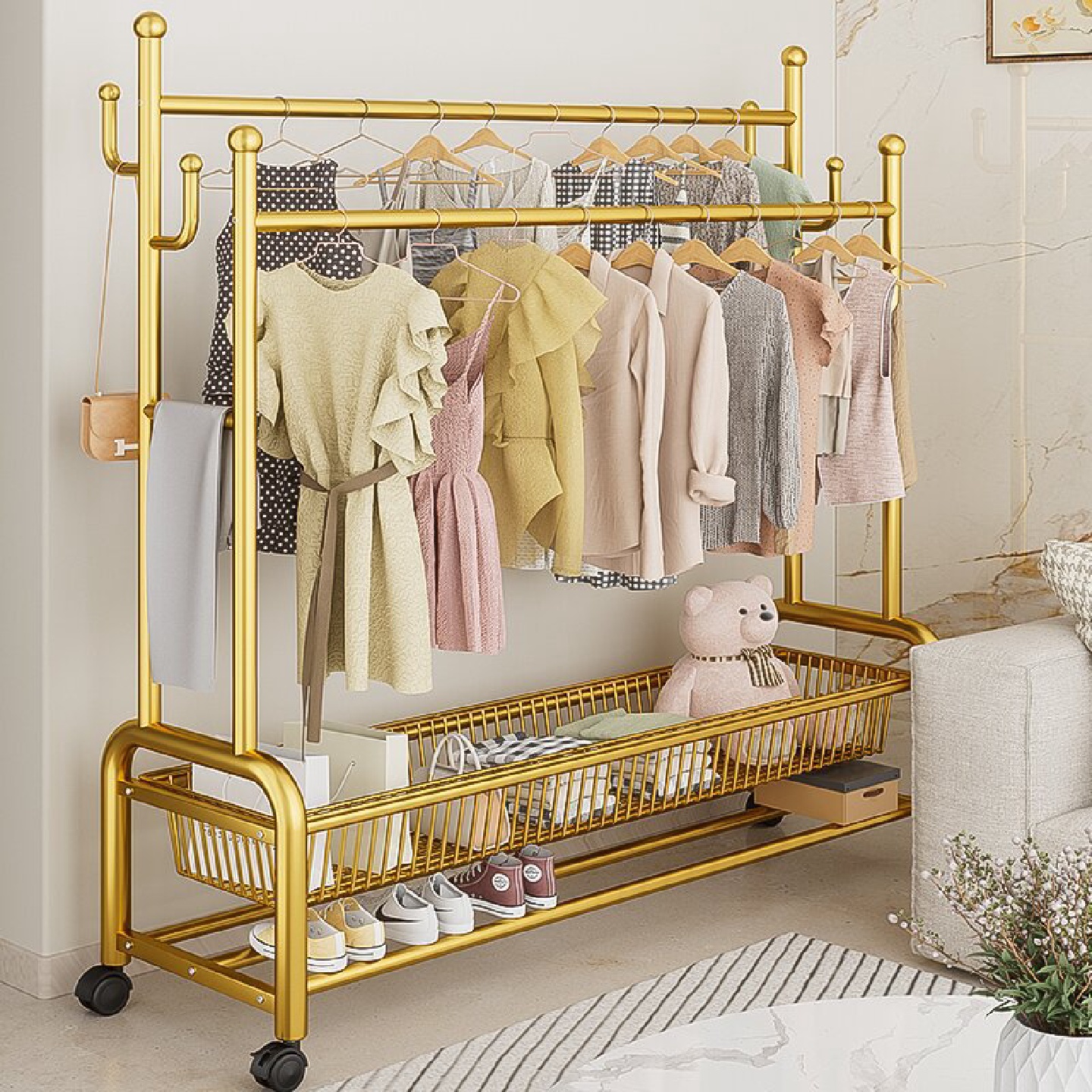 简易衣帽架卧室落地挂衣架房间可移动轻奢家用收纳筐客厅衣服架子