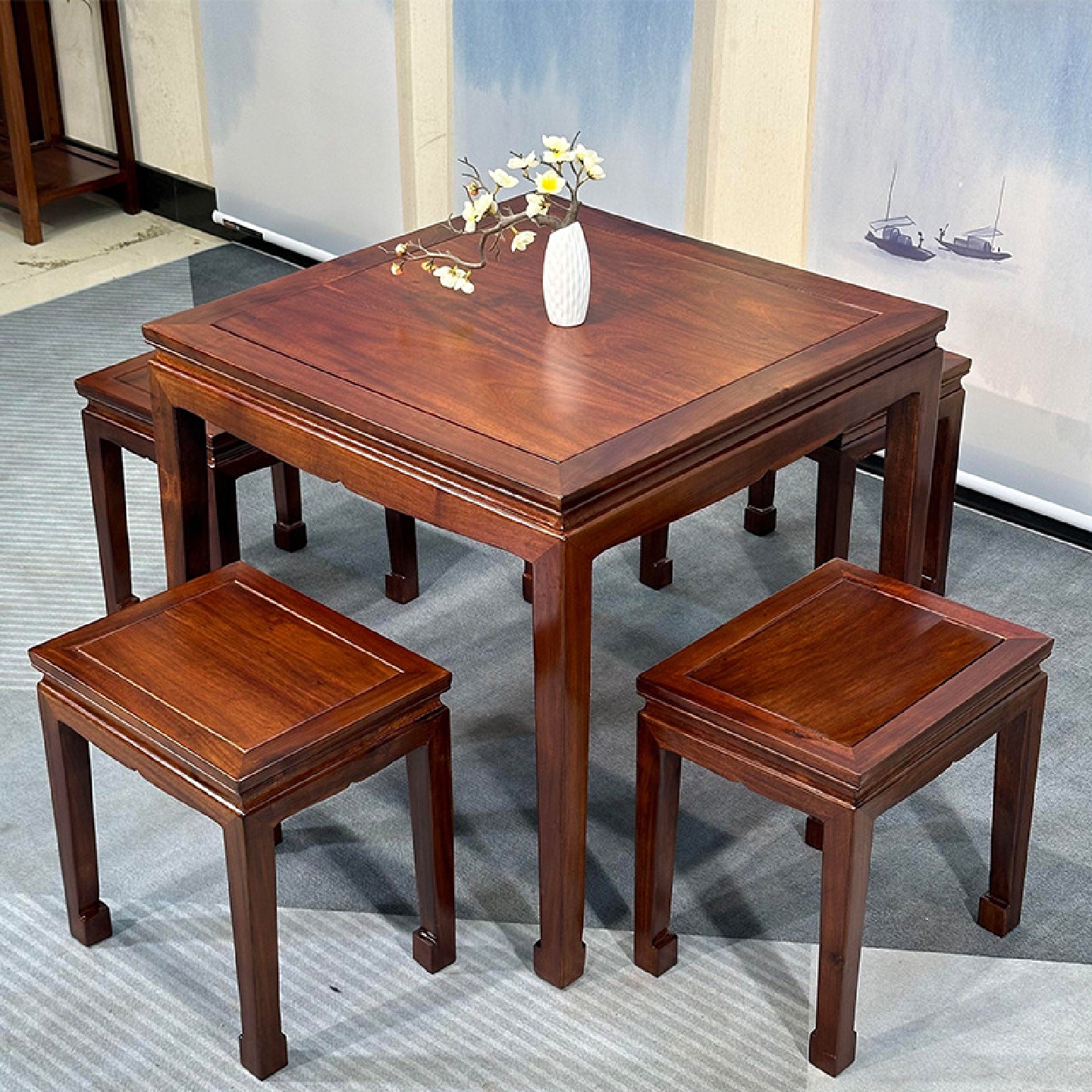 中式乌金木餐桌实木掼蛋小方桌家用八仙桌正方形老式打牌组合茶桌