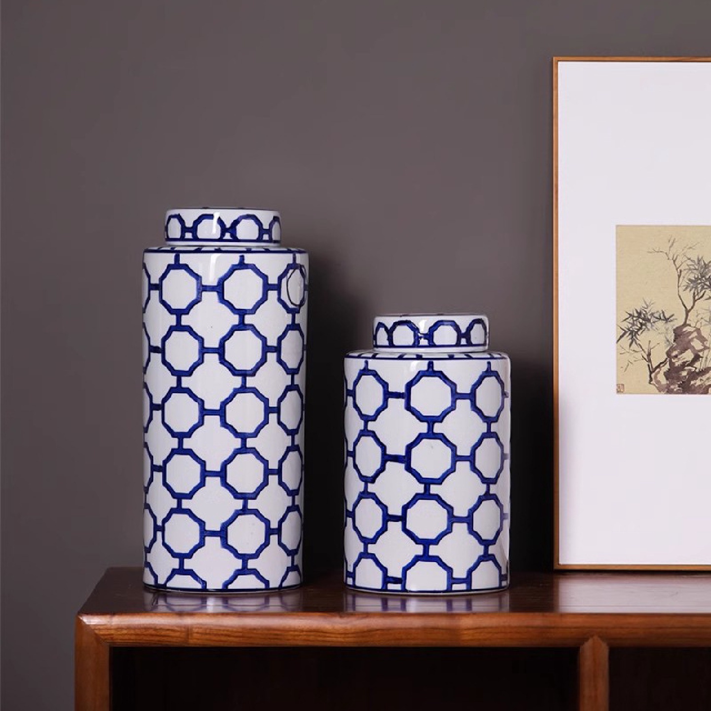 新中式创意覆古储物罐青花瓷陶瓷花瓶客厅插花装饰居家摆件