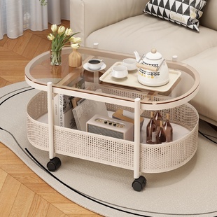小户型边几沙发边柜钢化玻璃推车桌子可移动茶几客厅家用 2024新款