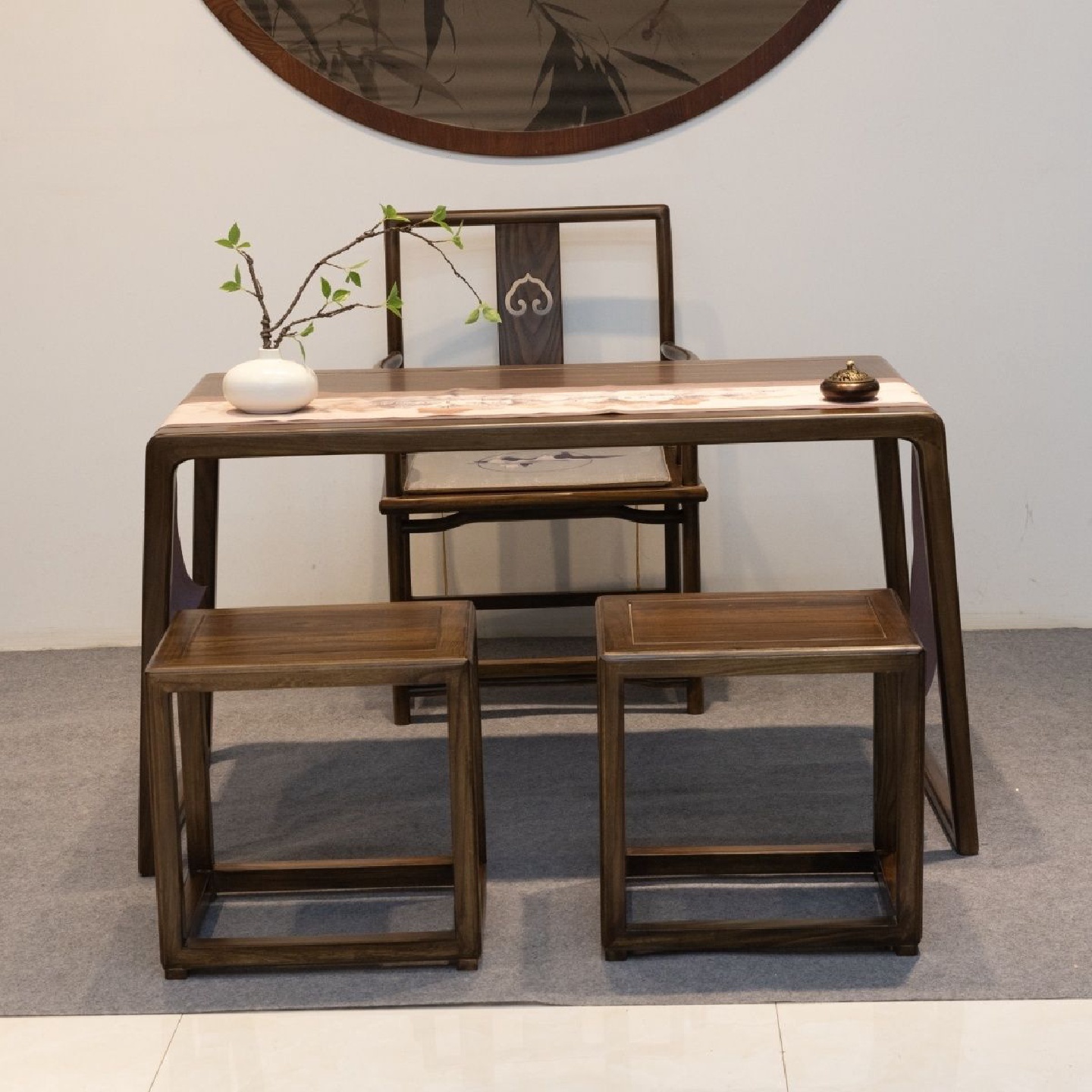 新中式阳台客厅小型实木茶桌老榆木家用2024款胡桃色茶台茶桌整套