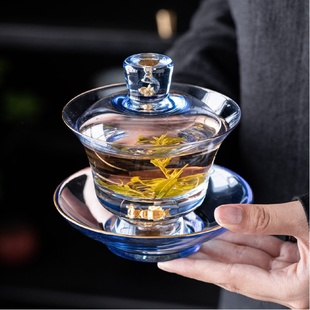 耐热水晶玻璃藏金手工加厚敬茶碗茶具 金箔三才盖碗大容量日式