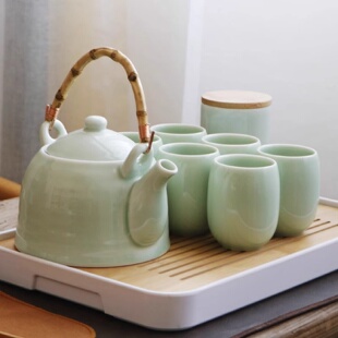 家用茶壶茶杯景德镇陶瓷现代简约日式 青瓷茶具套装 整套大号提梁壶