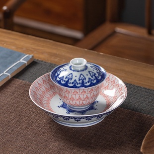 仿古泥千佛盖碗茶杯子单个高档家用陶瓷功夫泡茶碗干泡台壶承组合