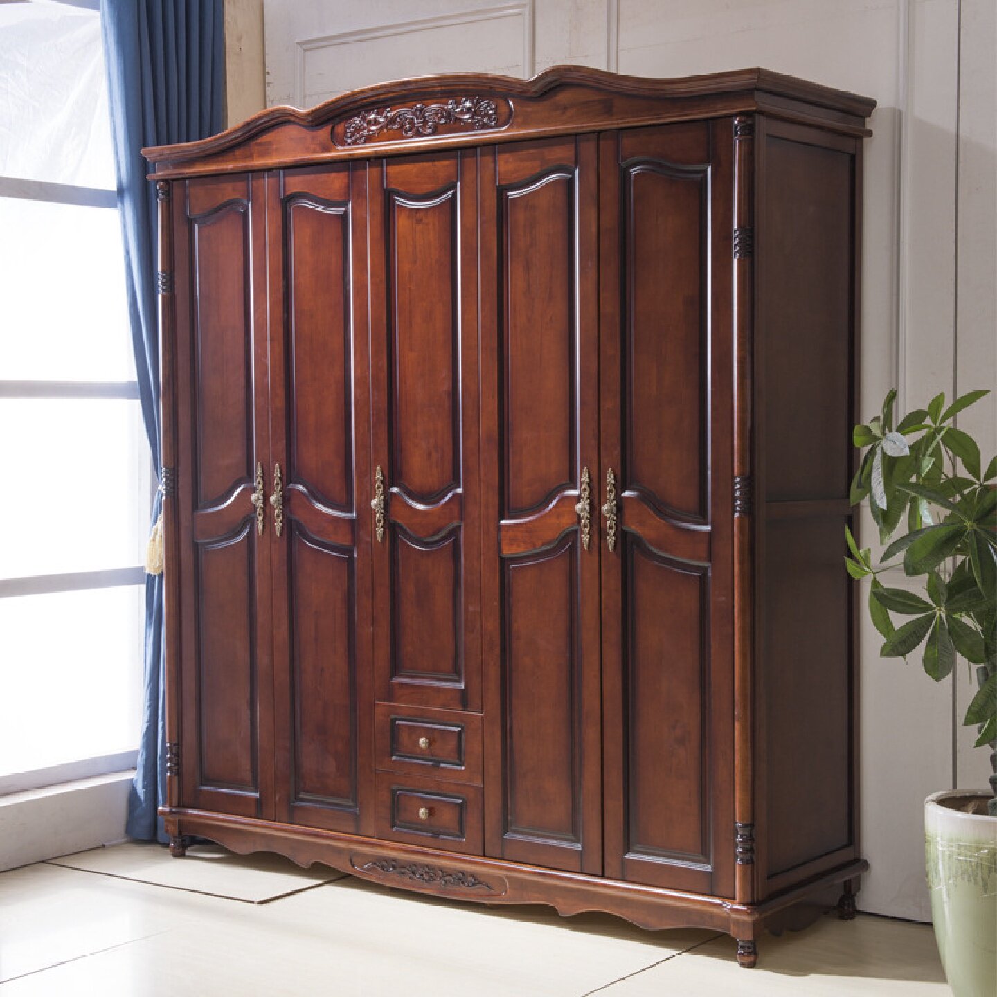 美式乡村家具卧室储物柜拆装实木衣柜组合橡胶木三四五门收纳柜