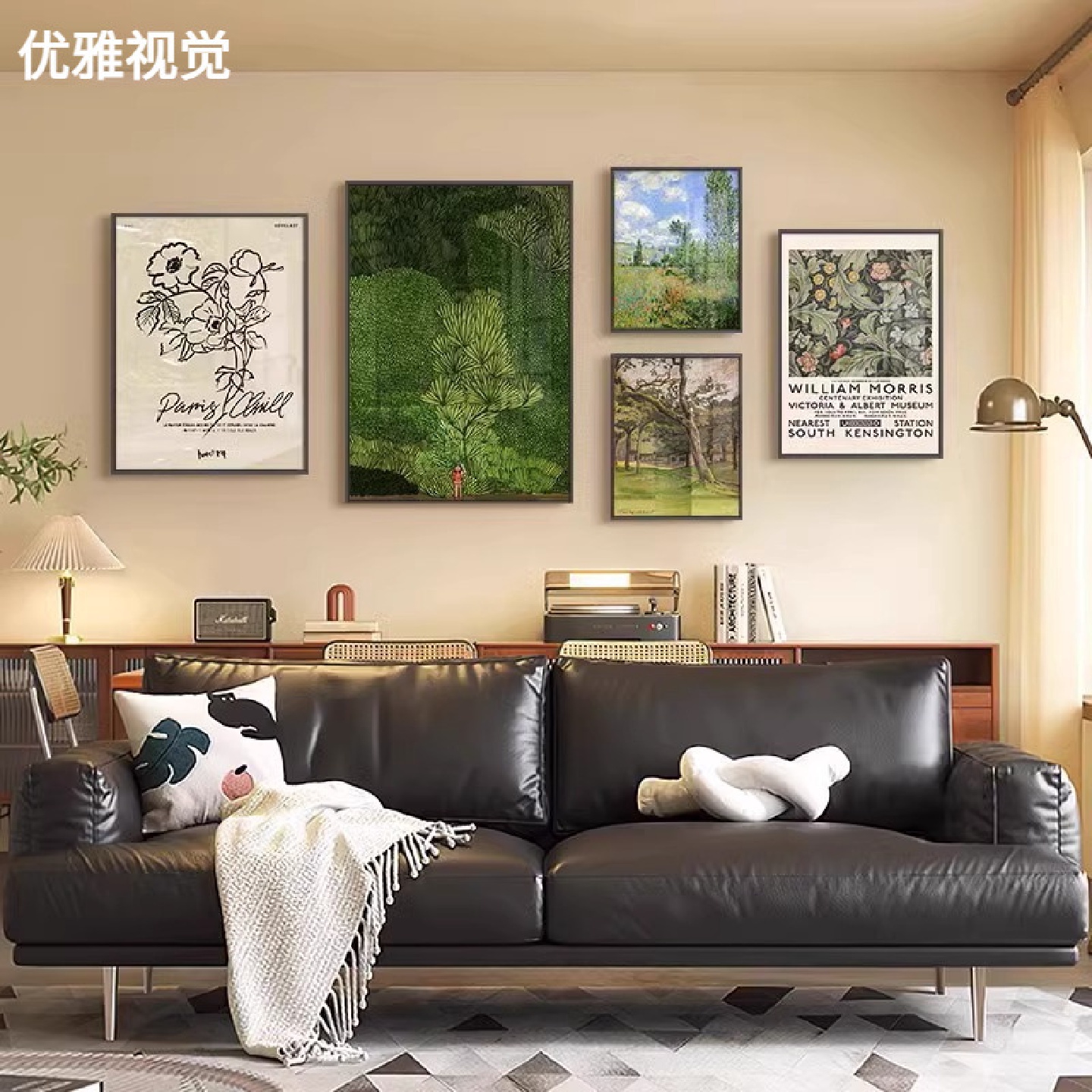 美式复古客厅装饰画绿色风景小众组合挂画北欧艺术沙发背景墙壁画