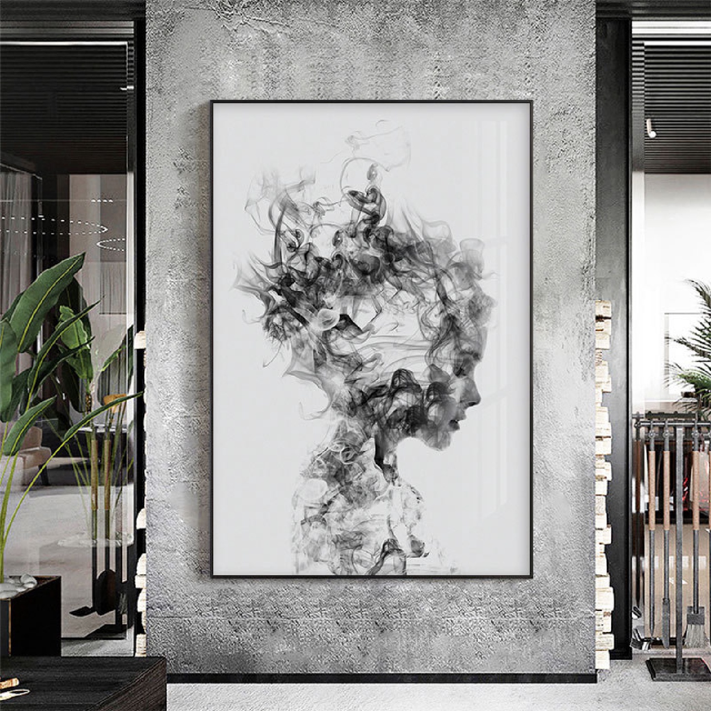 现代简约黑白工业风人物装饰画烟雾抽象美女版画客厅卧室酒店挂画图片