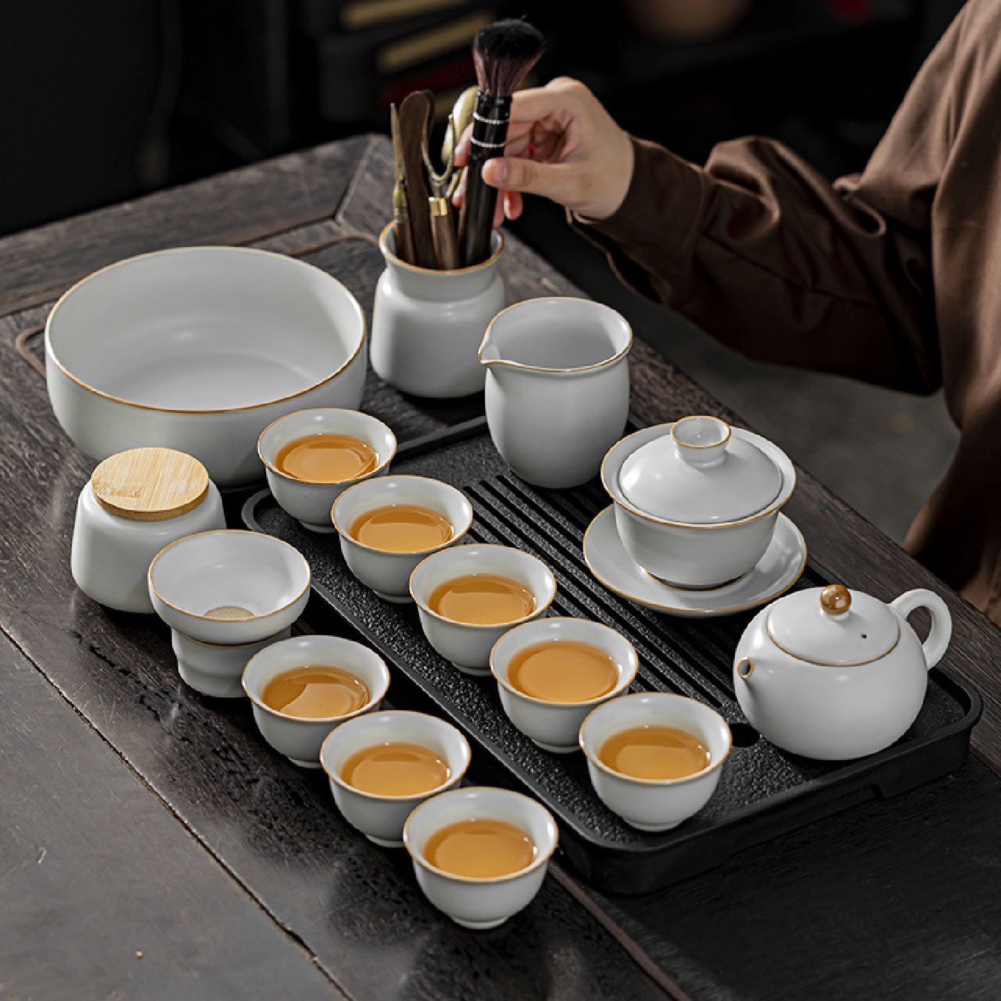 月白汝窑茶具套装茶壶茶杯高档功夫盖碗陶瓷家用办公室会客泡茶盘