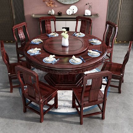 新中式乌金木实木圆餐桌餐椅组合家用全实木带转盘餐厅红木家具