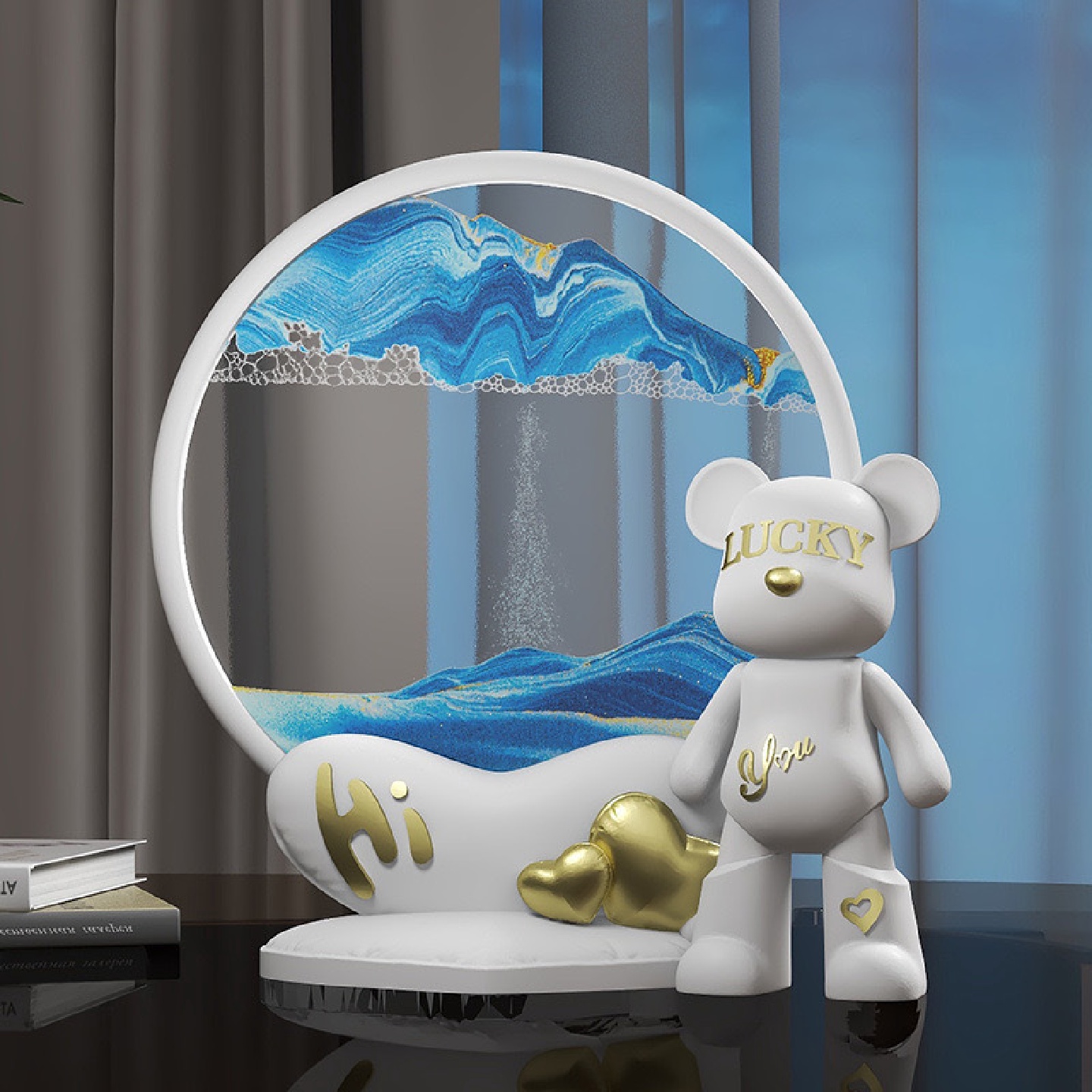 创意沙漏幸运熊流沙桌面流沙画摆件家居客厅酒柜玄关办公室装饰品