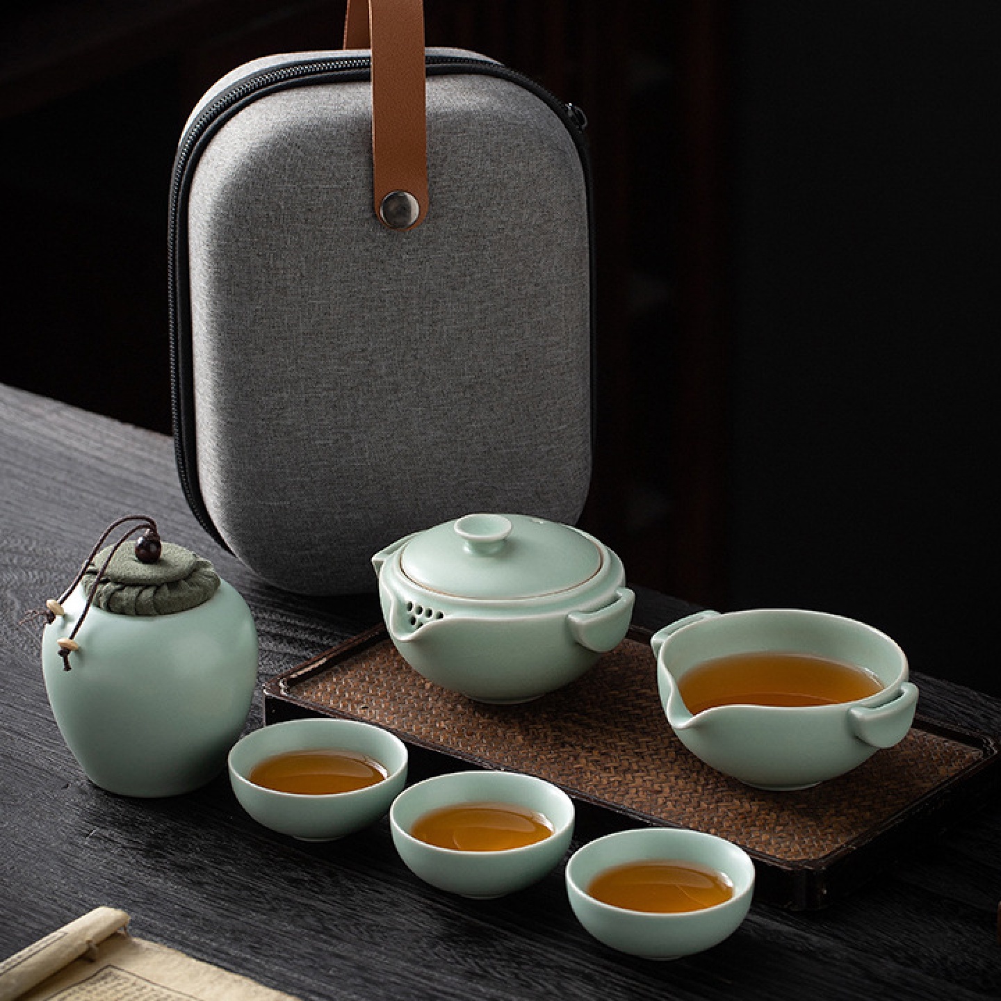 便携汝窑旅行茶具套装简易户外随车手抓泡茶壶茶杯露营快客杯家用