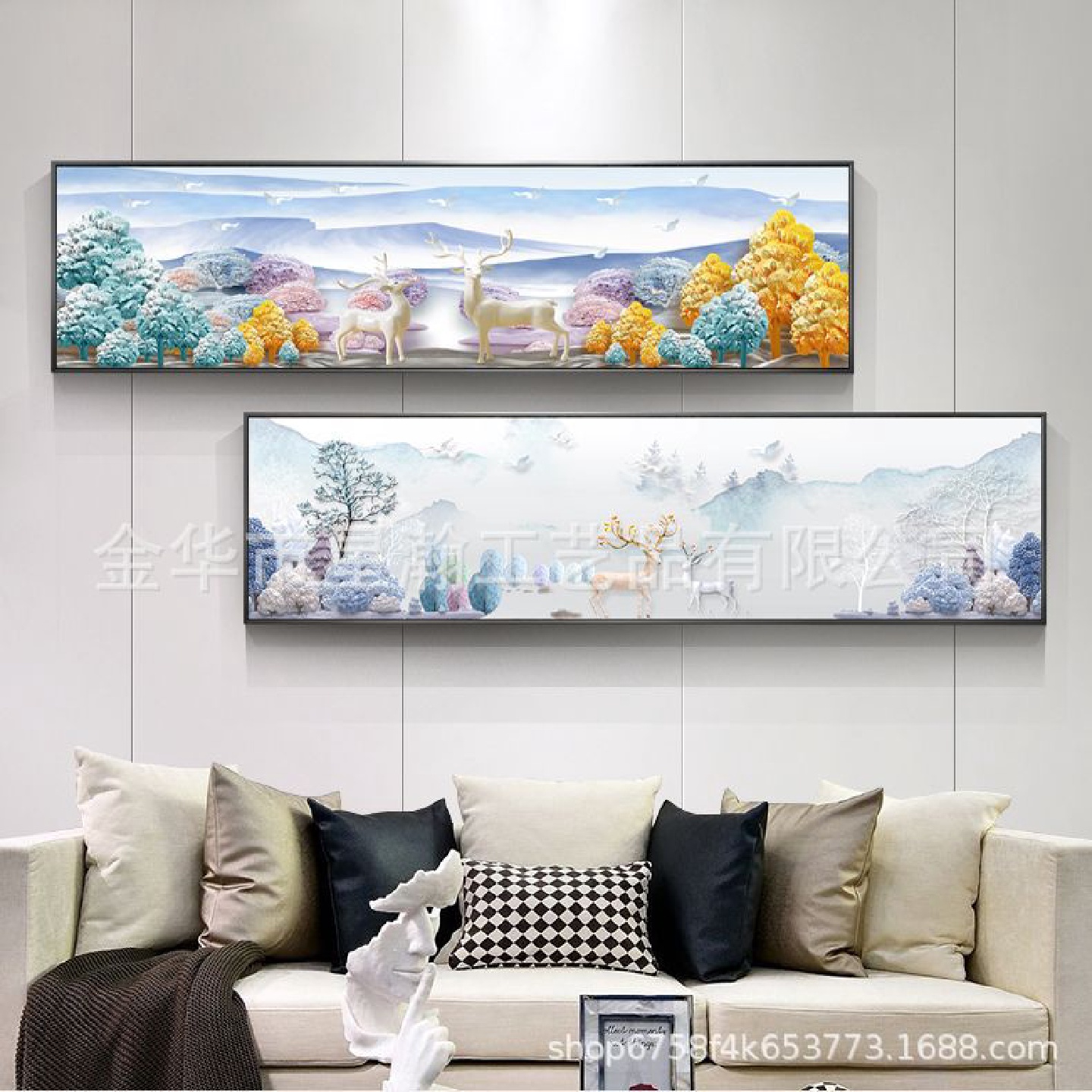 北欧装饰画客厅餐厅横版画现代简约卧室床头画麋鹿挂画长条画图片