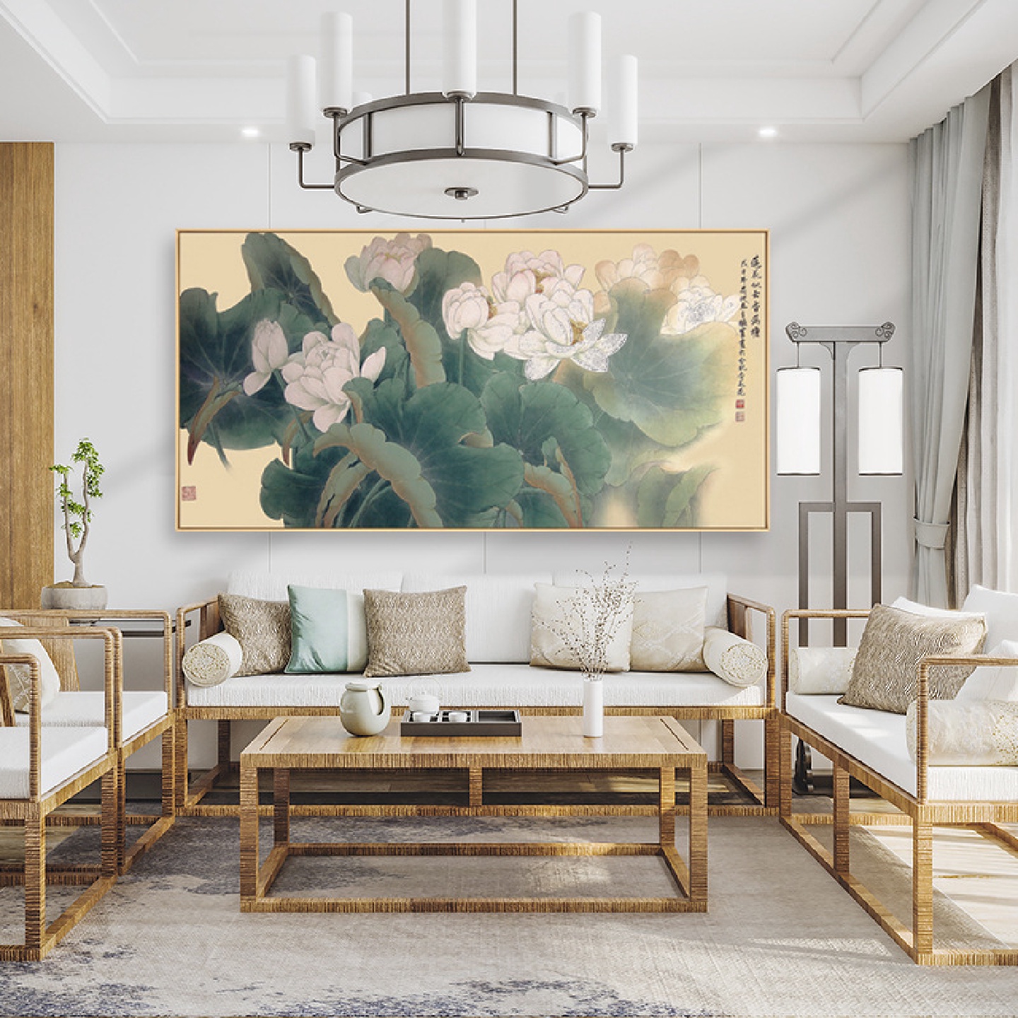 清雅新中式客厅背景墙装饰画别墅横版超大幅挂画花鸟荷花壁画图片