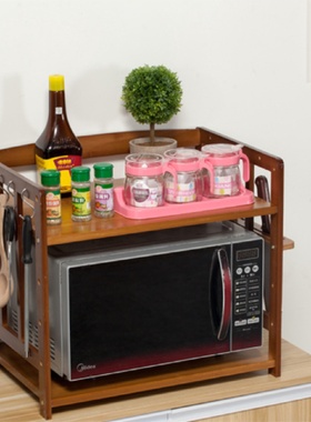 厨房置物架微波炉烤箱调料收纳架落地多层双层桌面台面实木竹架子