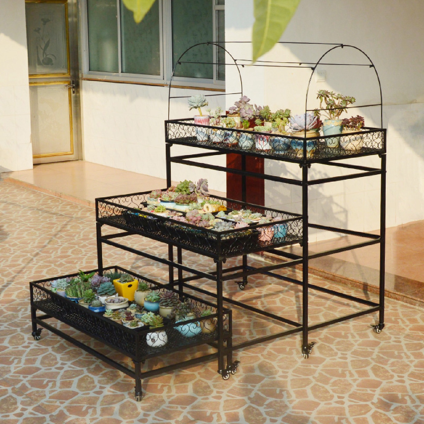 0J阳台多肉花架多层铁艺室户外带轮可移动落地置物架子露养防雨遮