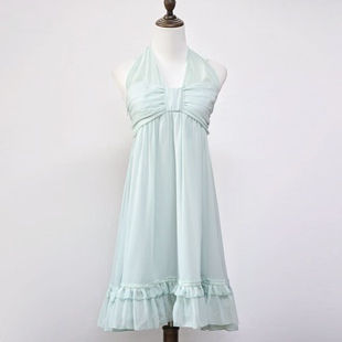 2025古着夏季新款女装绿色挂脖连衣裙简约风格宽松版型