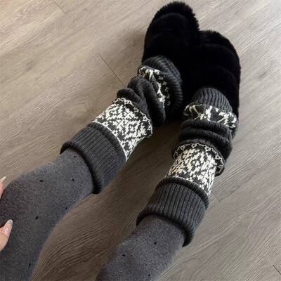 Lolita费尔岛秋冬针织袜套圣诞雪花堆堆袜中筒小腿袜保暖腿套y2k