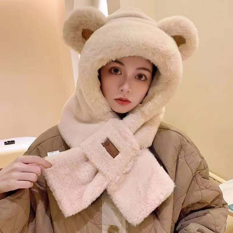 冬季小熊2025新毛绒护耳针织帽女韩版可爱时尚百搭显脸小毛线帽子,服饰配件/皮带/帽子/围巾,三件套,淘宝优惠券,粉丝福利购,淘宝优惠卷