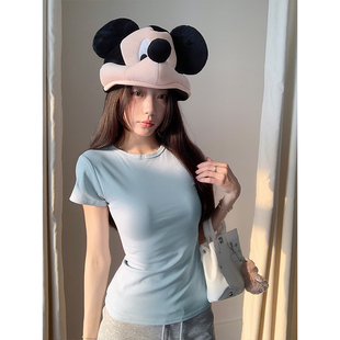 修身 夏显瘦收腰圆领上衣白色夏季 型少女日常穿搭 T恤女装 正肩短袖