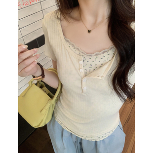 显瘦正肩打底上衣 纯欲风辣妹修身 假两件蕾丝花边短袖 t恤春夏新款