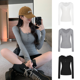 圆领日常韩版 内搭外穿打底衫 少女U领纽扣长袖 修身 上衣 T恤女装 秋季