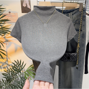 上衣休闲韩版 极简风半高领短袖 显瘦内搭针织衫 螺纹修身 T恤女装