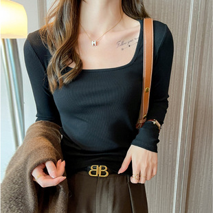 修身 莫代尔螺纹方领秋冬季 可外穿长袖 女新款 高级感t恤 内搭打底衫