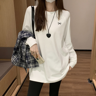 中长款 秋季 遮屁股蝴蝶结上衣 T恤女打底衫 白色圆领宽松慵懒风长袖