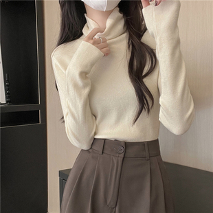 日常上衣 秋冬卡其色堆堆领内搭毛衣打底衫 极简风高领毛针织衫 女款