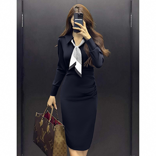 型 送丝巾气质女神范高端大方得体漂亮黑色连衣裙修身 2025秋季 新款