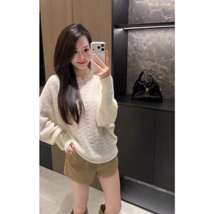 韩系纯欲气质镂空露肩长袖针织衫女秋季卡其色短裤套装