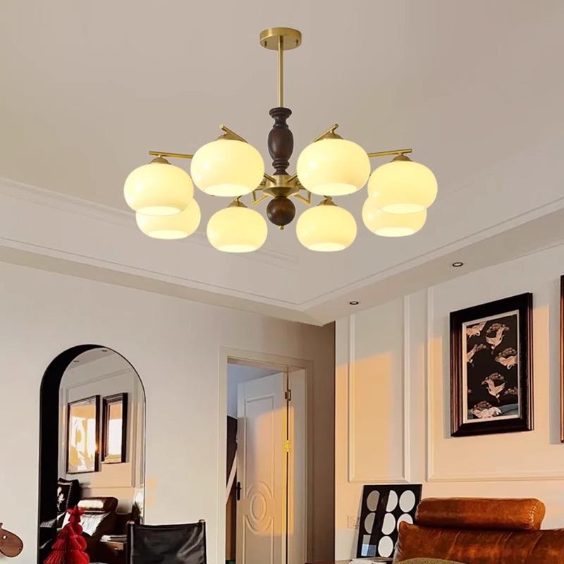 美式复古柿子客厅吊灯实木胡桃色奶油风餐厅卧室轻奢法式中古灯具