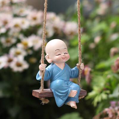 禅意秋千小和尚树挂 庭院树木装饰树脂工艺品 花园微景观摆件