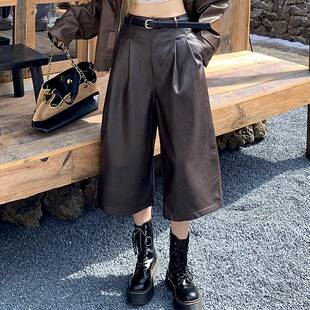 咖色八分pu皮裤女款2025新款春秋高腰显瘦宽松七分裤直筒阔腿五分