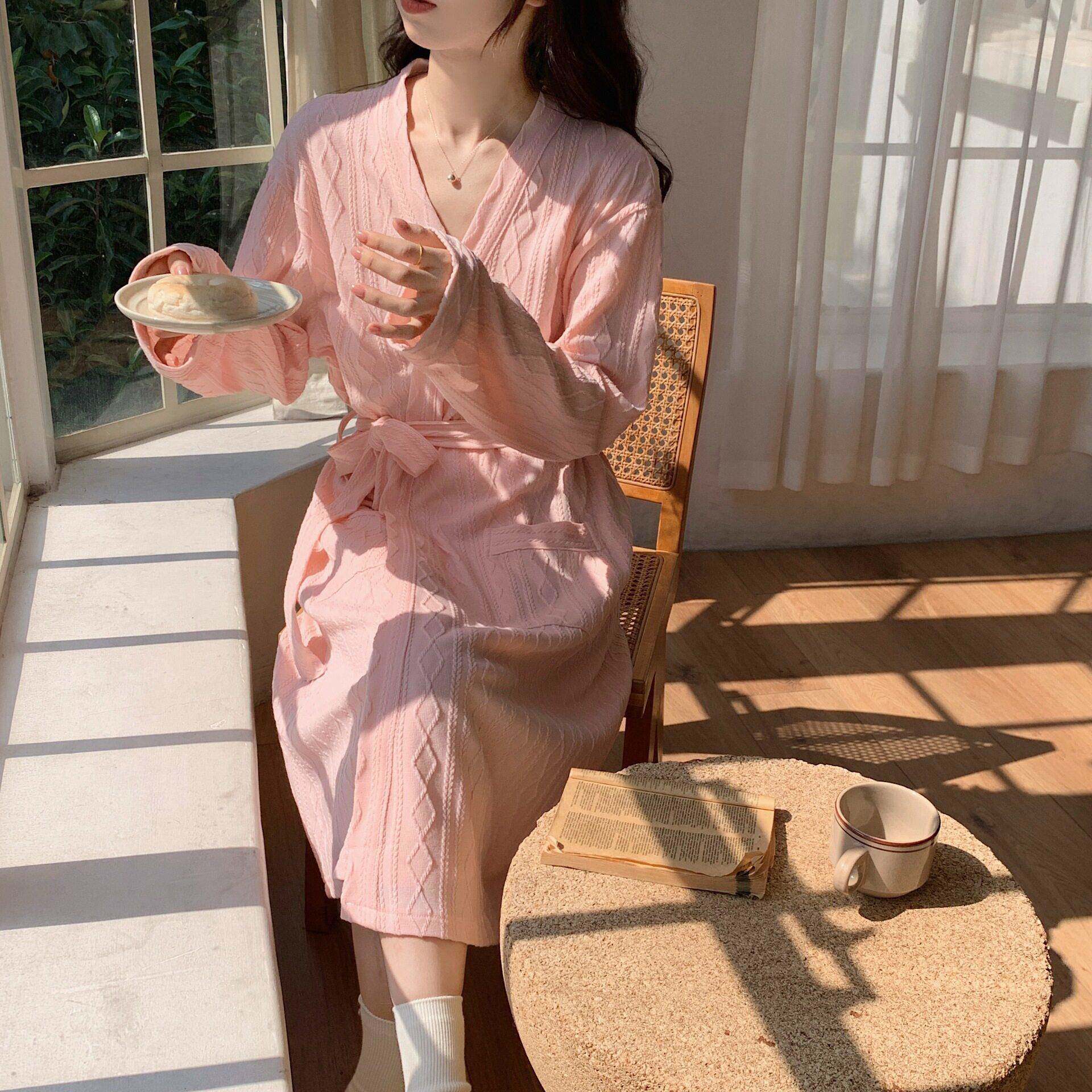 外贸春款睡袍女抽条棉睡袍纯色简约女士酒店风浴袍网红家居服秋款
