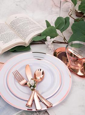 175件银色套装一次性餐具金边镂空盘玫瑰金酒杯刀叉勺PS硬塑料盘