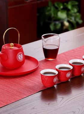 结婚茶具套装高档嫁妆喜庆新婚礼物寿宴家用送人陶瓷红色茶壶茶杯