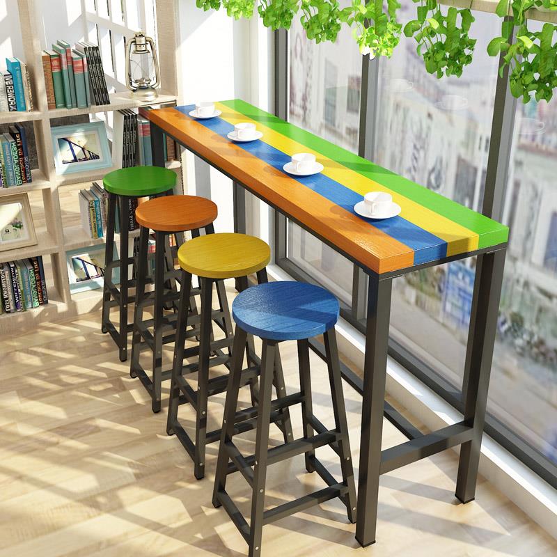 彩色实木吧台桌奶茶店家用阳台靠窗长条桌子简约酒吧餐桌高脚桌椅
