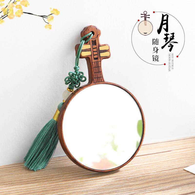 女化妆镜可携式小圆化妆镜子 轻奢高级实木古风花知晓手柄手持镜