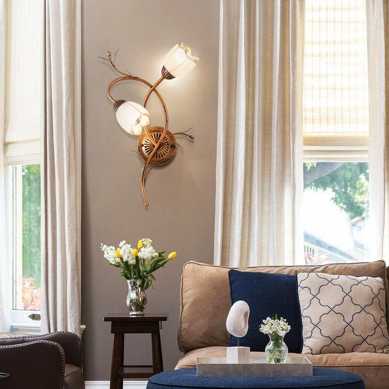 法式复古壁灯简约欧式客厅壁灯美式田园创意花朵花草卧室床头灯具