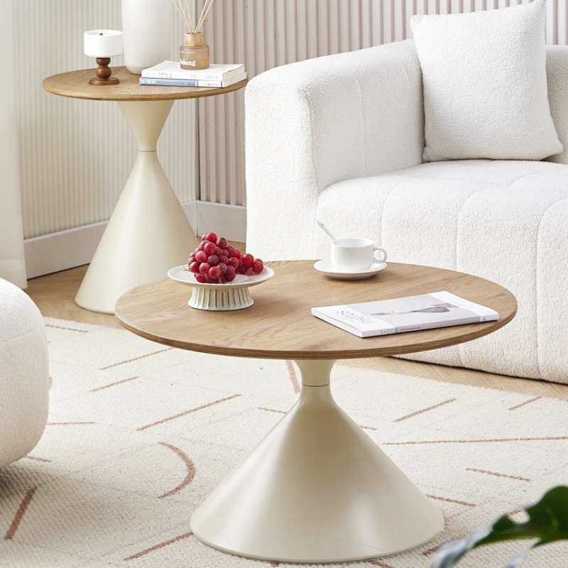奶油风实木茶几家用极简客厅小户型现代简约感圆形可移动边几