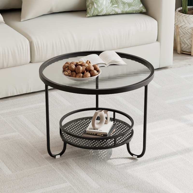 北欧小户型玻璃茶几圆形迷你家用客厅边几创意奶油风极简收纳茶桌