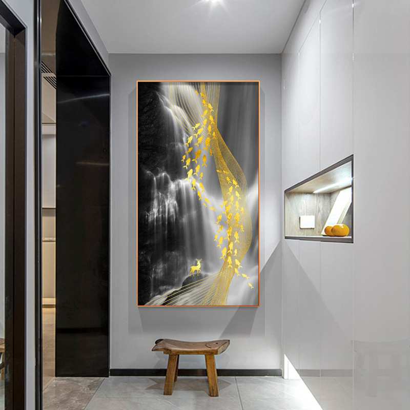 入户玄关装饰画走廊竖版挂画金色瀑布现代简约客厅墙风景山水壁画