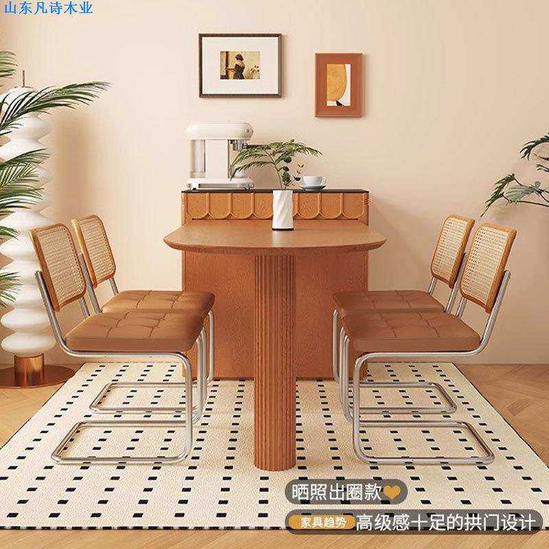 实木岛台餐桌一体可伸缩家用小户型法式复古奶油风岩板厨房吧台桌