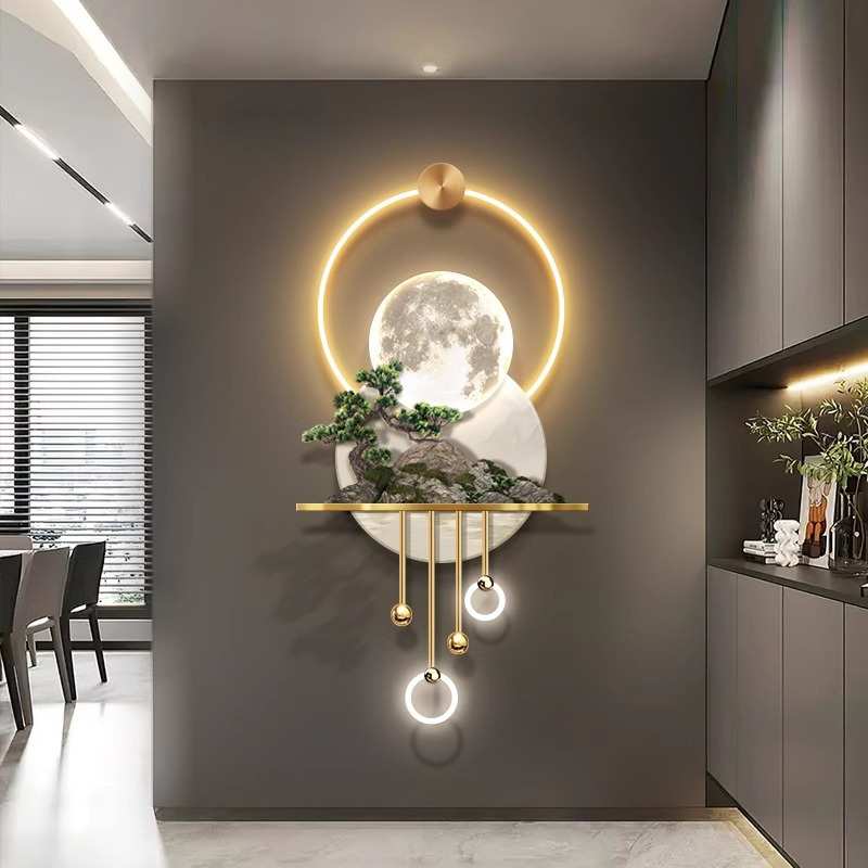 3D立体玄关装饰画走廊尽头led壁灯轻奢中式挂画过道发财树山水画图片