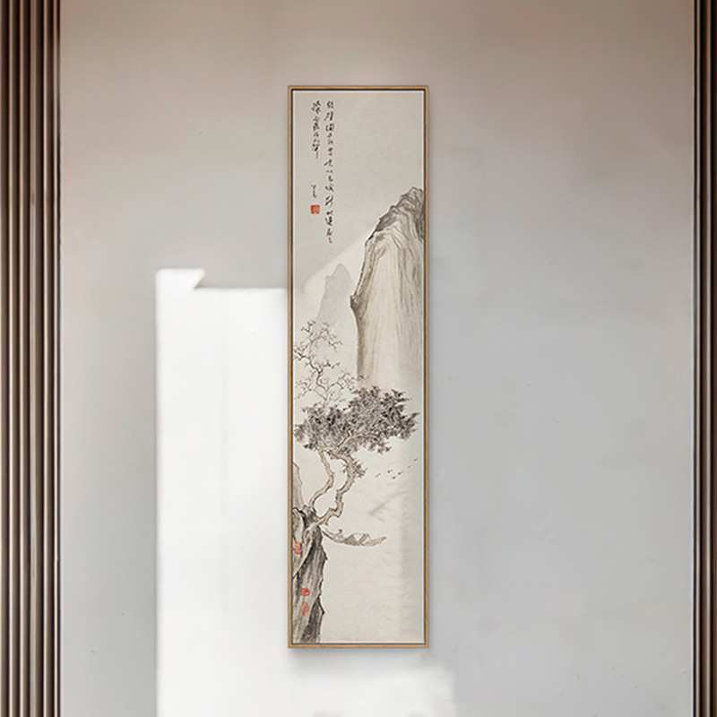 新中式装饰画竖长条大幅三四联屏字画茶室茶楼玄关书房名客厅挂画