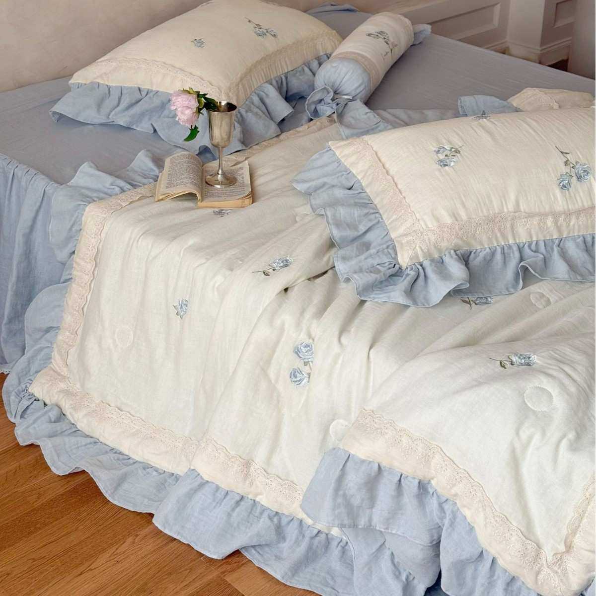 法式浪漫全棉双层纱夏被四件套 唯美少女南法玫瑰纱布夏被夏凉被