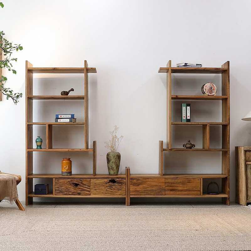 老榆木博古架中式客厅展示架民宿茶室储物架实木电视柜一体式书架